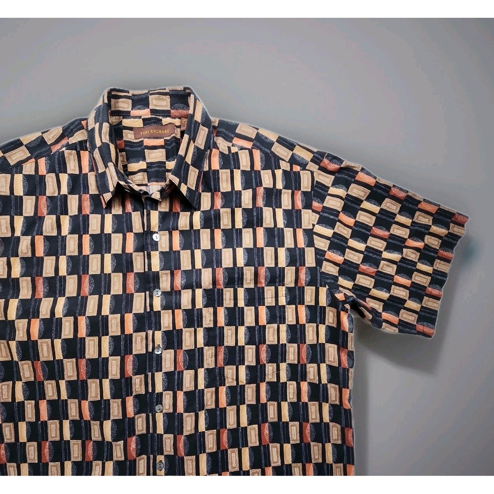 Tori Richard Mens XL Hawaiian Brown Black Geometric AOP Shirt Cotton Lawn EUC
